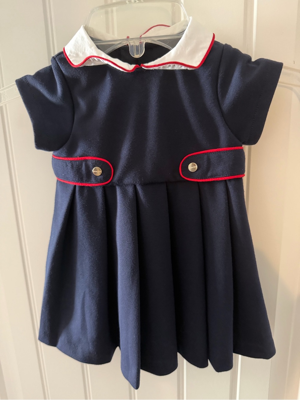 Jacadi Paris Baby Girl Dress 12M 74cm Navy Red White Peter Pan Collar Pleated
